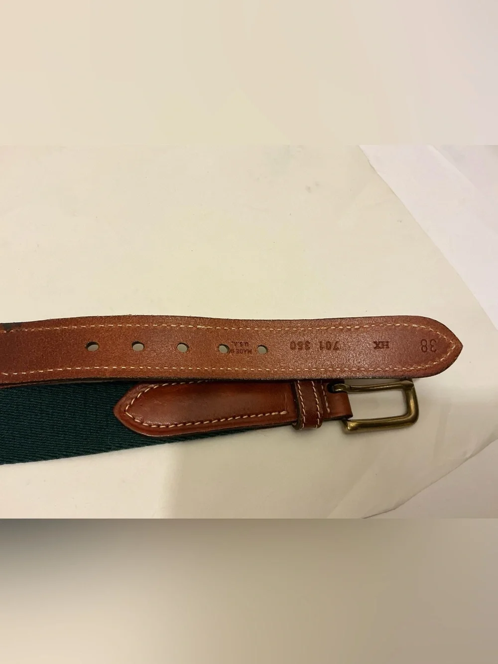 Tommy Hilfiger Green and Burgundy Canvas Belt with Brown Leather Trim sz 38